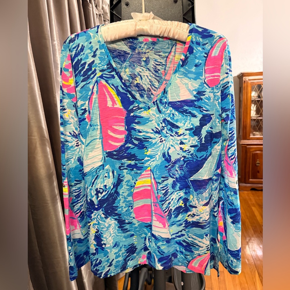 Lilly Pulitzer Blue and Pink Sailboat Long Sleeve Top